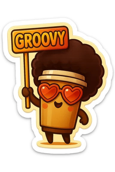 Tall coffee cup, no mouth, afro, heart glasses, giant groovy sign sticker