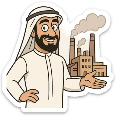 an Arabian factory owner in cartoon style, wearing traditional attire, confident and friendly expression, suitable for branding, no background sticker