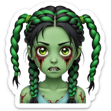 zombie girl, green skin color, black hair, long hair, hair braided on both sides  sticker
