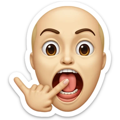 A finger pointing at an open mouth with mouth o to indicate hungry sticker