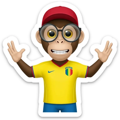 Un mono con gestos humanos con uniforme de la selección de futbol boliviano con lentes de aumento y gorra sticker