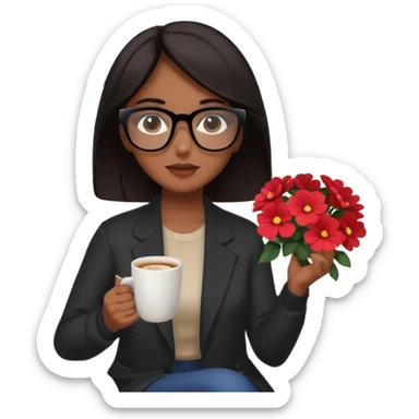 Chica de pelo negro ojos negros y piel morena con lentes oversize square GAFAS DE LEER BIEN GRANDES  , sentada en una sala de casa , en la mano derecha una taza de cafe con una flor negra de diseno. Sentada mirando un drama koreano en la television.  sticker