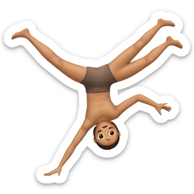 3D emoji style person doing cartwheel/flip pose, centered, soft shadow, white background. sticker