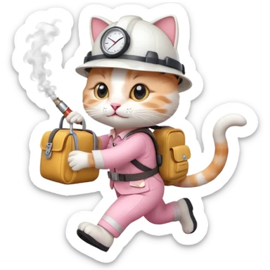 A cute white and pink cat dressed as engineer with a white helmet running very fast carrying her cute bag leaving a smoking footsteps sticker