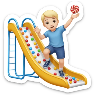 un niño blanco tirandose por un tobogan con dulces en las manos sticker