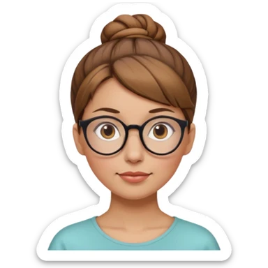 femme de 38 ans avec des cheveux châtain clair, un chignon haut, yeux bruns, lunettes rondes sticker