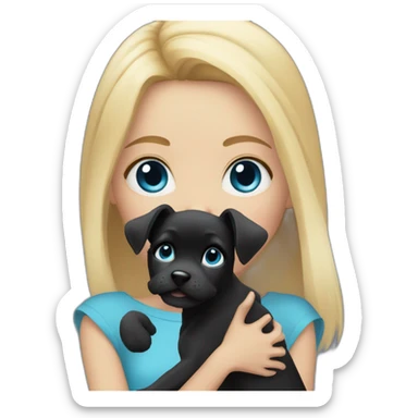 girl with straight blonde hair and blue eyes holding a fluffy black puppy sticker