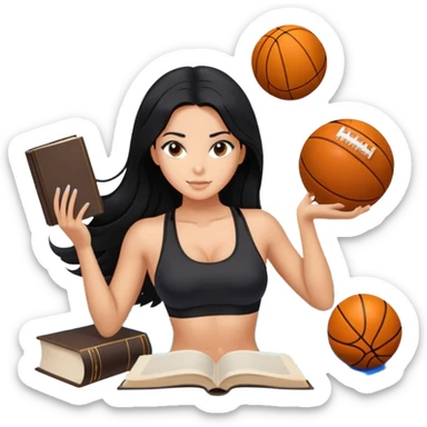 differemt hobbies floating back ground, 1 book, art, and sports, tanned long black hair woman, sexy black sports bra  sticker