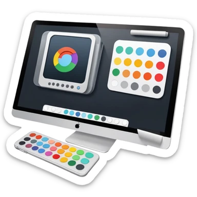 digital screen showing a basic logo being edited, with vector handles and a color palette sticker