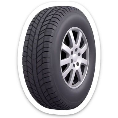 3D emoji style car tire, angled view, black rubber with tread, silver rim, simple and expressive sticker