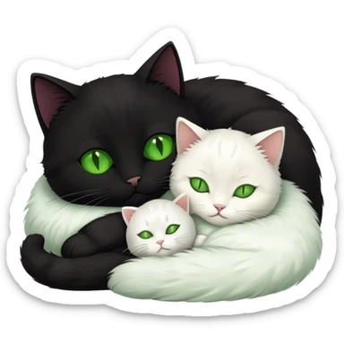 Big black cat with green eyes is sleeping with a small white cat sticker