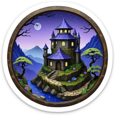  Ancient saucer-castle-house jungle winding trail mountainside getaway haunted nighttime landscape antique mudman very old broken cracked intricately detailed Stone Age lapis-crusted irregular dodecagon-shaped shallow dark moss rough bark violet flowered maple bonsai Saikei scene  sticker
