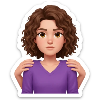brown curly shoulder length hair, hair touching shoulders, hazel eyes, pail skin, purple v-neck shirt, in a shrug position. sticker