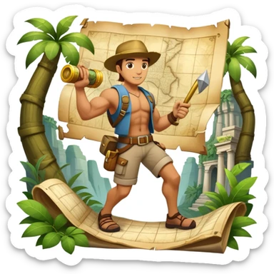 An icon featuring an adventurer in a dynamic action pose with treasure map, ancient ruins and jungle landscapes in the background. The design includes clues, hidden passages and climbing gear, symbolizing the thrill of exploration and discovery. Transparent background. sticker