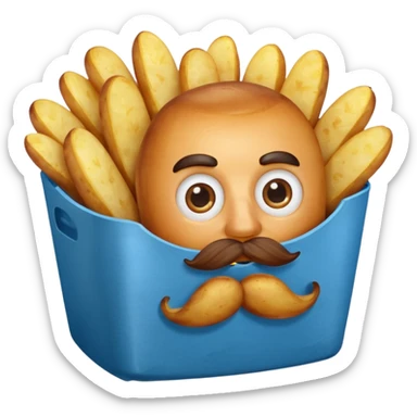 fried potatoes in a blue carton, carton has eyes and mustache sticker