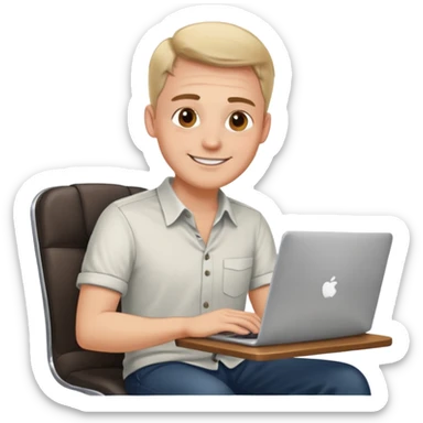 Rich man working setting on a chair in shirt and near the table with laptop he is german very beautiful looks like sticker