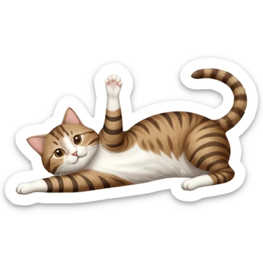 brown tabby and white cat with doing a big extremely long stretch reaching up into the air with arms and legs side by side together straight and overextended whilst lying on its side sticker