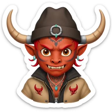 red demon with tattoos, hat, jacket and horns sticker
