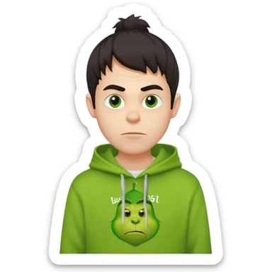 Create an avatar of white European with dark hair  male in hoodie with ``BST`` letters on it. Make background to look like from movie Grinch sticker