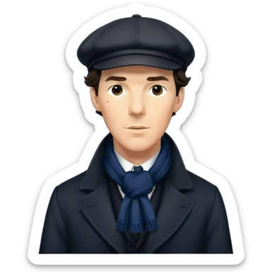 sherlock holmes benedict cumberbatch, wearing a deerstalker hat, Long dark coat, Dark suits, dark Blue scarf sticker