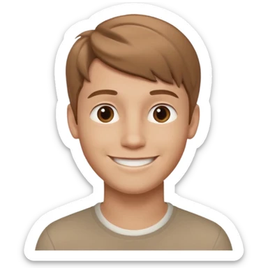 round emoji, smiling young man with light brown hair, neutral background, subtle 3D effect, high resolution, no text sticker