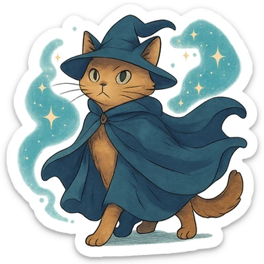 ghibli style wizard cat with a flowing cloak and magical aura sticker
