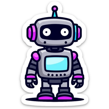 chatbot robot in gray color, with neon glow lines, blue neon glow on top left, purple neon glow on bottom right sticker