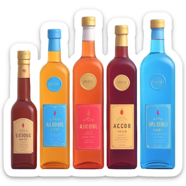 Four bottles of alcohol, each with distinct shapes and labels, arranged neatly in a row. The bottles should vary in color and size, with detailed labels and caps. sticker