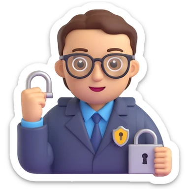 security engineer emoji, wearing glasses, holding a lock, techy background sticker