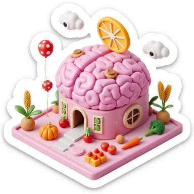 Exterior view of a surreal brain-shaped farm built on a small square platform, pastel-colored buildings shaped like candy neurons, wheat and vegetables growing from soft cloud-like soil, floating eyes and abstract shapes in the background, dreamcore aesthetic, no robots, emoji-style sticker