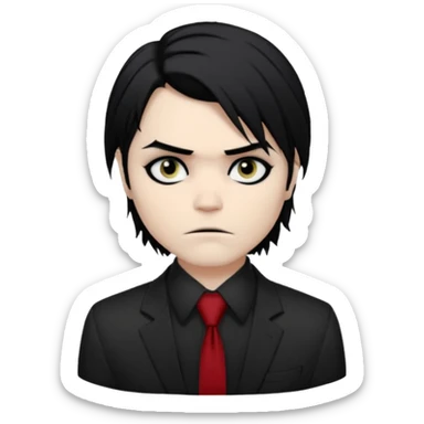 Gerard Way (Revenge Era)
Round, simplified emoji style
Pale skin tone dark eyes
-black, shoulder-length hair messy and emo
Heavy eyeliner and shadow under the eyes
Subtle serious face
Hint of red tie visible on black button up shirt.
Transparent background. Black eyeliner. Messy emo hair sticker