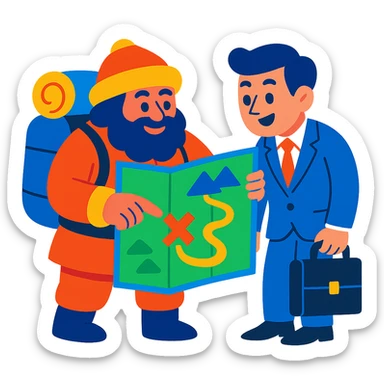 vibrant toon style sherpa showing a businessperson a map, energetic colors sticker