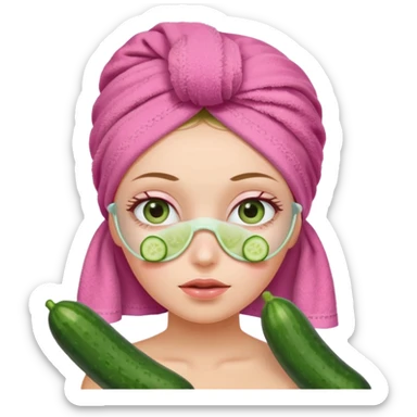 Girl with cucumbers on her eyes and a pink towel on her head sticker