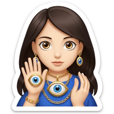 A girl with dark brown hair is holding a huge evil eye amulet in her hand. sticker