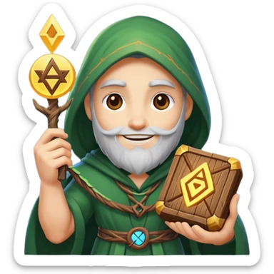 druid character satisfied smile holding glowing rune sticker