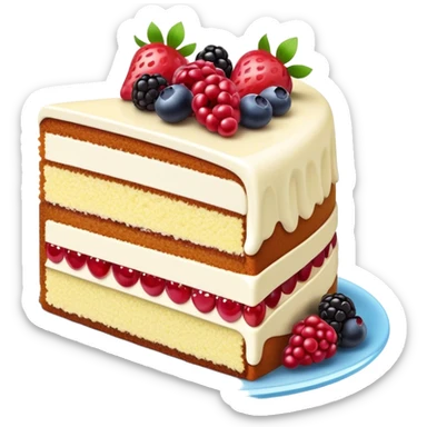 Cinematic luxurious slice of cake, delicate layers of moist sponge and rich frosting, beautifully decorated with fresh berries and a glossy glaze, soft glowing light, elegant and indulgent. sticker