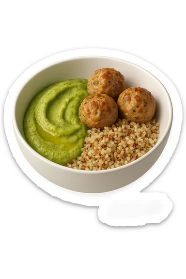 bowl bianca fluttua in aria con polpette di tacchino, purè di zucchine, quinoa e olio di oliva, iperrealistico 4k sticker