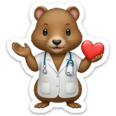 Crea una nutria con una bata médica haciendo un corazón con sus manos  sticker