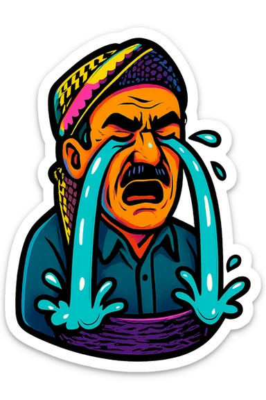 Create a cartoon sticker with a crying expression in the style of Flux Pro, with a transparent background. The style should reflect the vibrant and pop colors typical of Flux Pro style. sticker