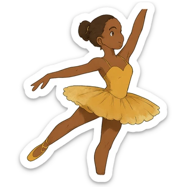 ghibli style dark-skinned ballerina wearing golden outfit sticker