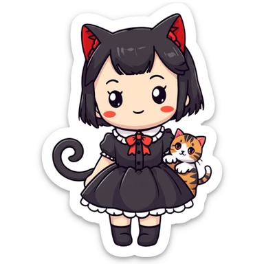 girl wearing black Lolita style dress, with medium-length black hair with red tips, and an American Shorthair tabby cat sticker