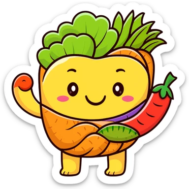 Cute cartoon representation of dietary fiber with happy vegetables, fruits, and whole grains linked by fibrous strands, with a smiling intestine character showing improved digestive health sticker
