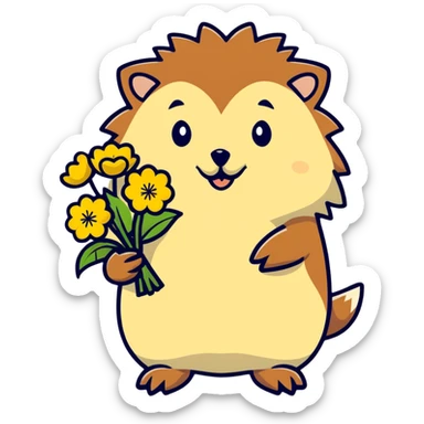 hedgehog with a bouquet of yellow dandelions sticker