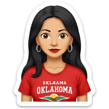 50 year old Mexican woman long hair in a red “OKLAHOMA” t-shirt sticker