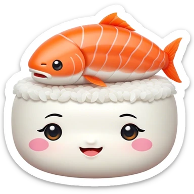 Cute Kawaii Nigiri Sushi, plump and happy, a soft white rice pillow topped with bright orange salmon, tiny blushing cheeks, big round eyes, a joyful floating expression! sticker