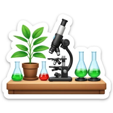 FA 3D cartoon science lab table with test tubes, microscope, and a small potted plant, green leaves under bright light, clean background, realistic Memoji-style rendering. sticker