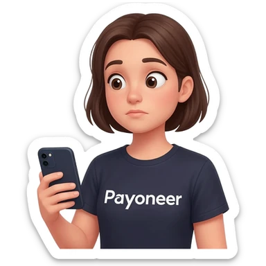 Girl looking at her phone with wondering face and a question mark wearing dark tshirt with payoneer written on it not a logo, just a word in the same font as on logo sticker