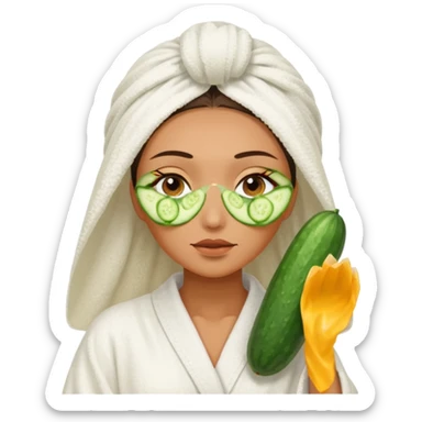 woman at the spa with cucumbers slices covering her eyes and tan skin tone with towel completely covering hair and robe on no hands showing sticker