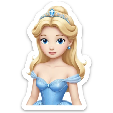 Cinematic Realistic Cute Cinderella Portrait, featuring fair, luminous skin with finely detailed texture and softly lit golden-blonde hair cascading in gentle waves. Her warm, inviting blue eyes sparkle with youthful charm and curiosity, while her classic, elegantly draped ball gown reveals meticulously rendered fabric details and natural folds. The overall composition is bathed in a gentle, realistic radiance that exudes both playfulness and heartfelt beauty. sticker