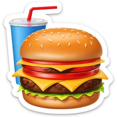 A clean and simple icon of fast food in emoji-style illustration. A burger with fries and a soda cup, bright and bold colors, simple shapes, flat design, high contrast, inviting and appetizing. sticker
